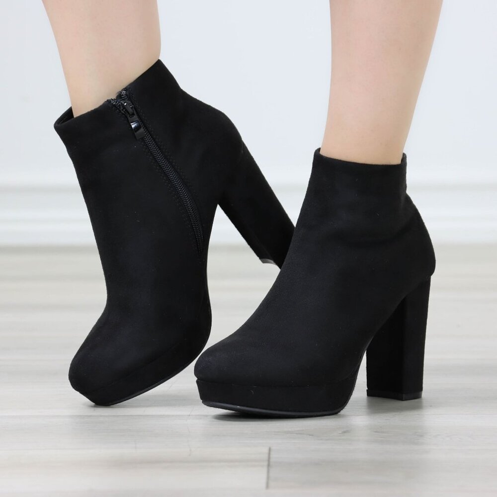 Black Faux Suede Platform Booties Block Heel Side Zip